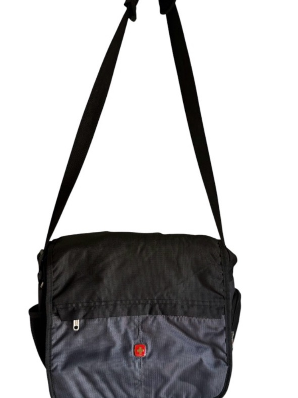 SwissGear Black and Gray Crossbody Messenger Bag with Red Logo Accent